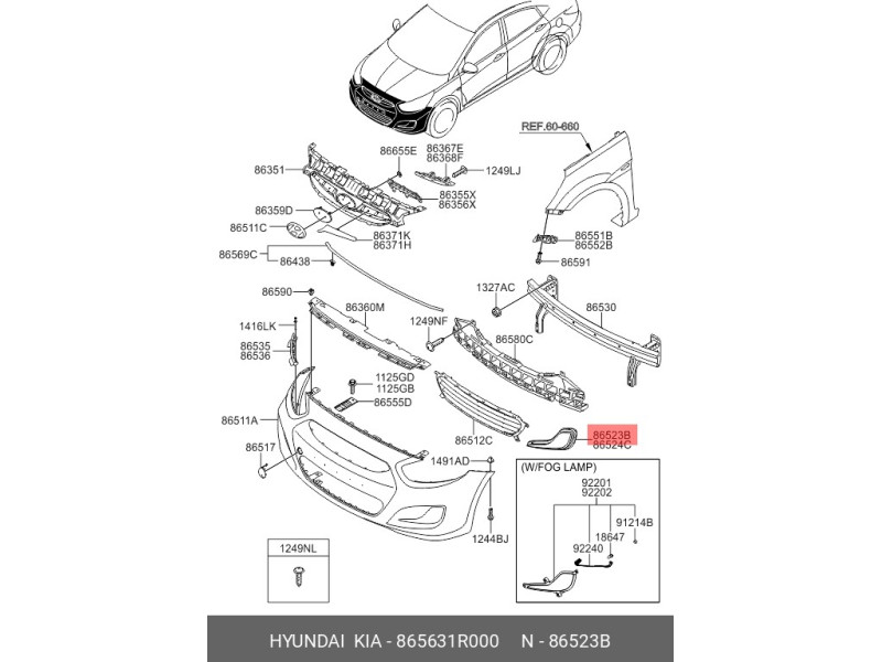 Решітка переднього бампера ліва Hyundai Accent IV (Solaris) 2011-2017 TEMPEST 865631R000