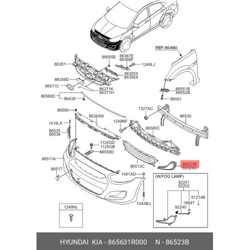 Решітка переднього бампера права Hyundai Accent IV (Solaris) 2011-2017 TEMPEST 865631R000