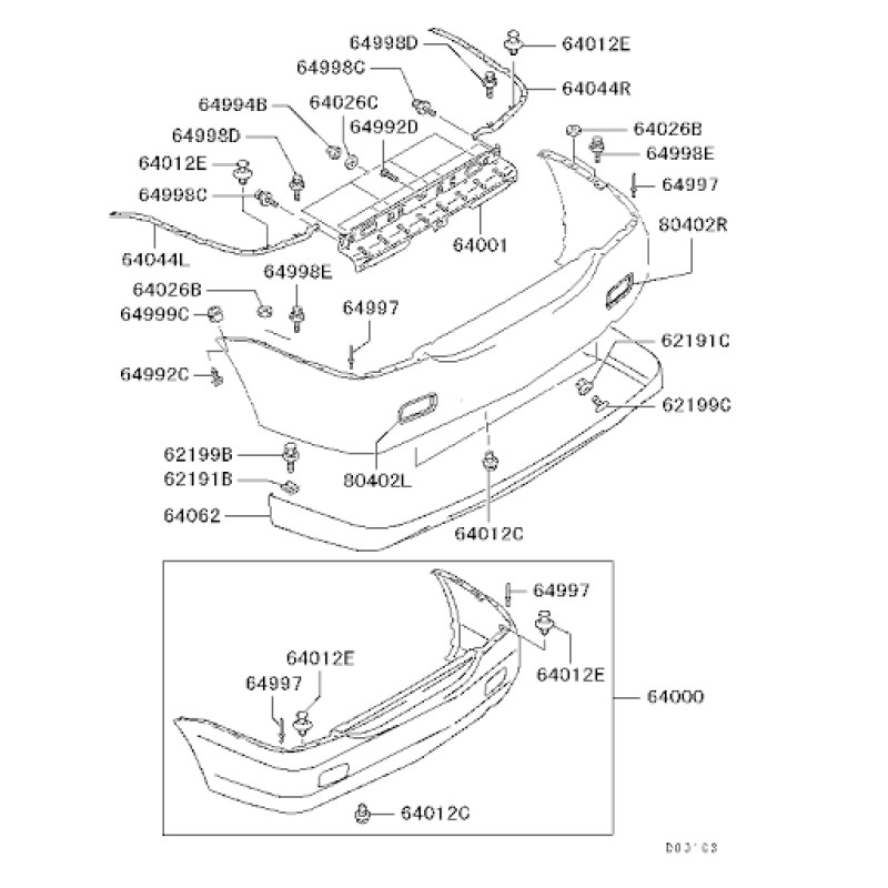 Кріплення направляюче заднього бампера праве Mitsubishi Lancer 9 2000-2007 Tempest