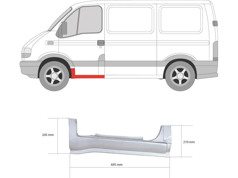 Поріг передній лівий Renault Master, Opel Movano 98-09 (Klokkerholm) під дверима, висота 245 мм